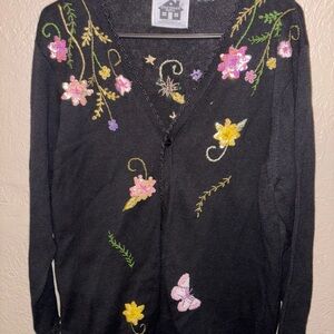 Storybook Knits Black Cardigan with Floral Embroidery